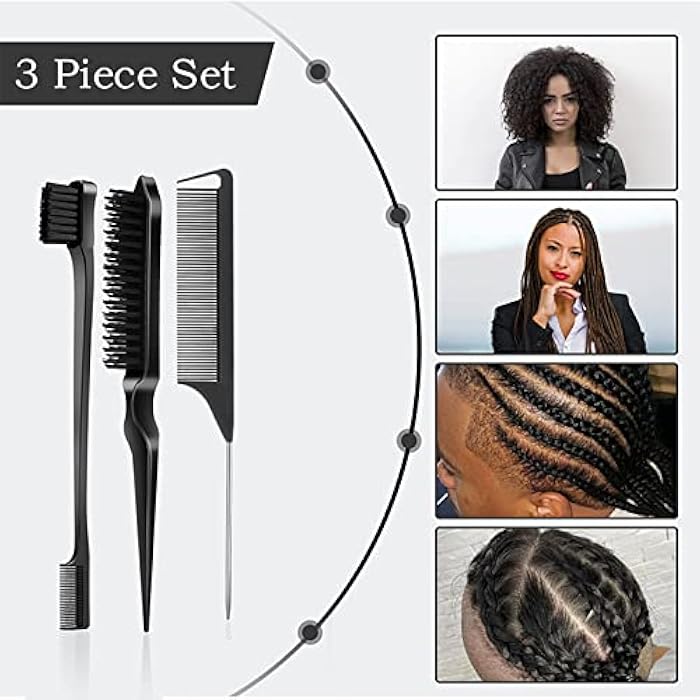 SWEET VIEW 3 Pcs Slick Back Hair Brush Set with Edge Brush, Bristle Brush, Rat Tail Comb, Teasing Brush Set for Smoothing Baby Hair & Flyaways - Black - Image 3